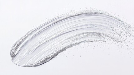 A silver-white paintbrush stroke with delicate sparkling particles, isolated on a white background, offering a modern and elegant artistic design element.