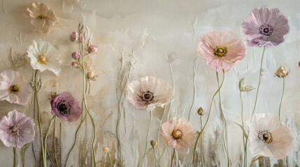 Pastel floral arrangement, delicate blooms, soft colors, textured background, artistic display.