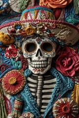 Naklejka premium Colorful skeleton is wearing a hat and a blue jacket. The skull is surrounded by flowers and other decorations
