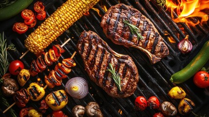Fototapeta premium Delicious Grilled Steaks and Vegetables on a Barbecue Grill