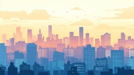 Abstract City Skyline at Sunrise with Haze