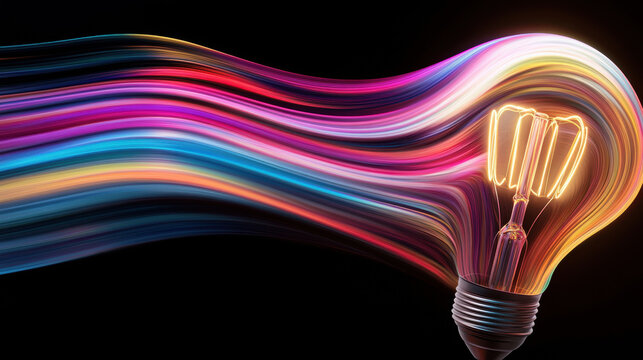 Vibrant light bulb emitting colorful ideas with flowing energy and creativity