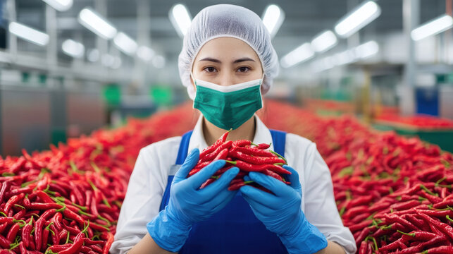 Worker inspecting red chili peppers under bright LED lights, showcasing freshness and quality - Powered by Adobe