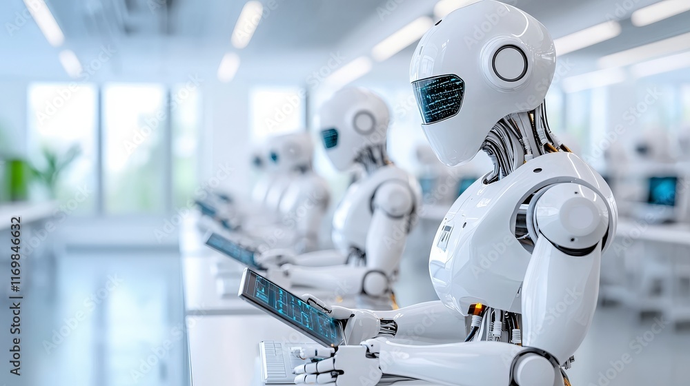 Poster futuristic robots working in modern office space with digital screens and technology