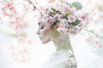 Fototapeta premium Serene woman enveloped by delicate cherry blossoms, a breathtaking display of spring's beauty.