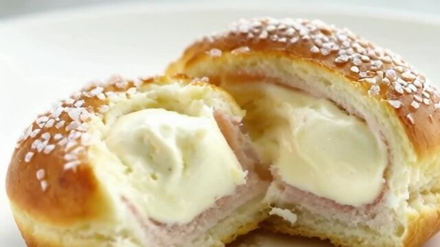 Vanilla cronut with creamy filling and buttery layers, topped with sugar crystals, set against a sparkling white background adding elegance