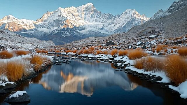 This Snow-covered peaks stand tall beside a serene stream, framing the beauty of the Himalayas.