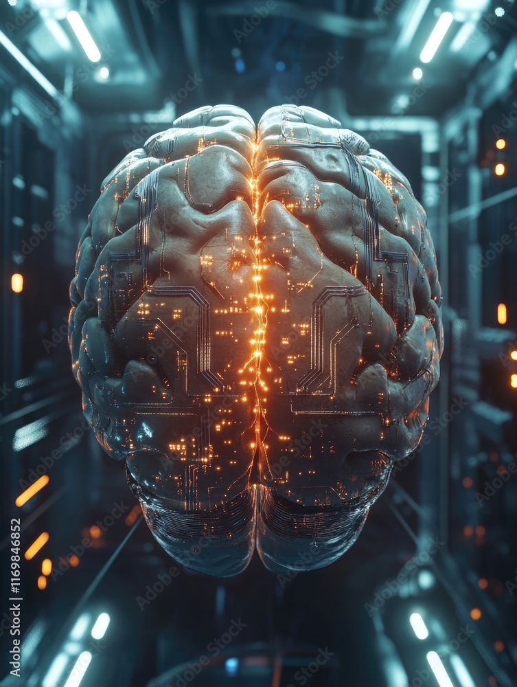 Poster close-up of a human brain, integrated with advanced computer circuitry and technology.
