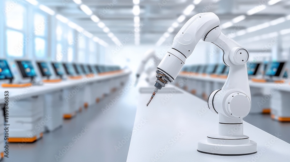 Poster advanced robotic arm in a modern industrial workspace with computer stations