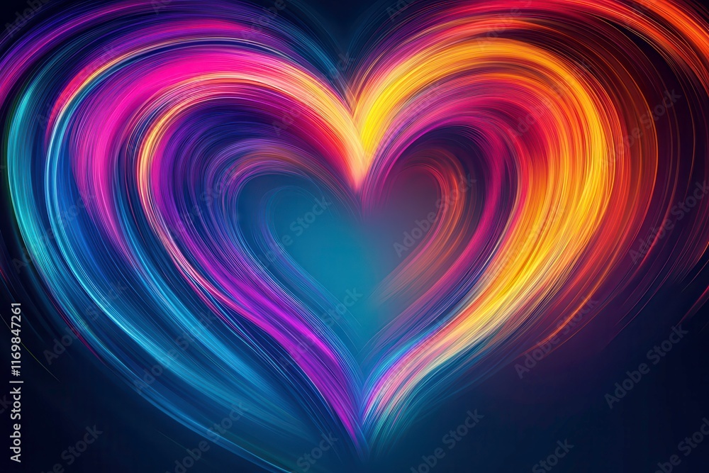 Poster vibrant abstract heart shape created with dynamic light trails on a dark background. generative ai