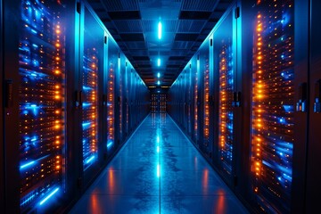 Rows of illuminated servers in a modern data center.  Bright blue and orange lights illuminate the sleek hardware.