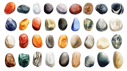 watercolor illustration. top view on various pebbles isolated on solid white background