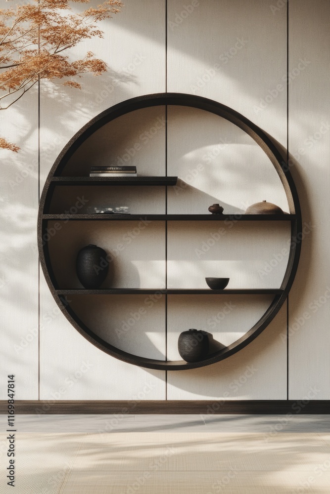 Poster shelf with a vase and a book on it. the shelf is oval shaped and has a brown color