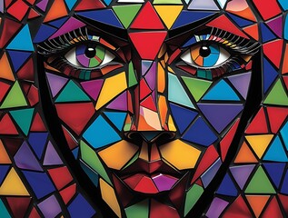 Vivid Stained Glass Mosaic Portrait of a Woman's Face in Bright Colors Featuring Abstract Geometric Shapes and Artistic Details Perfect for Unique Modern Art and Creative Design Inspiration © Imagine 
