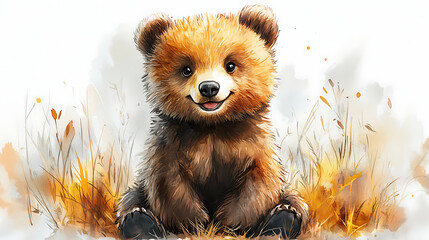 Adorable brown bear cub sitting in tall grass, smiling.