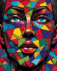 Vivid Stained Glass Mosaic Portrait of a Woman's Face in Bright Colors Featuring Abstract Geometric Shapes and Artistic Details Perfect for Unique Modern Art and Creative Design Inspiration © Imagine 