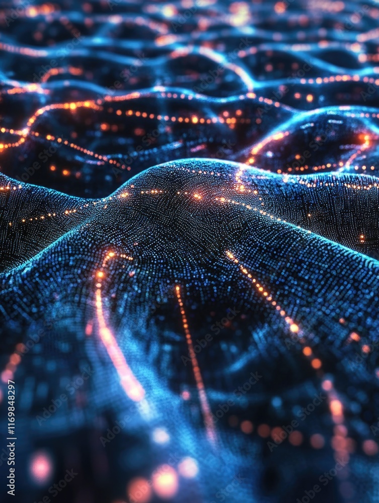 Poster abstract digital circuitry image with neon glow effect.