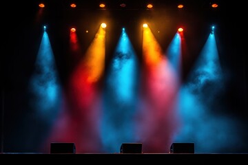 Colorful stage lights illuminating concert venue with vibrant glow and striking contrast, atmospheric mood captured, performing arts concept