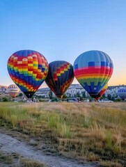 Obraz premium Multi-colored hot air balloons floating above a sunset sky, symbolizing adventurous and leisurely activities.