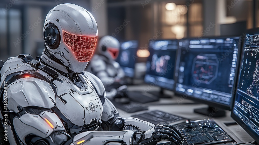 Poster futuristic robot operator engaged in complex digital tasks in high-tech environment