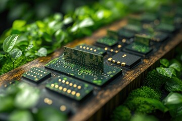 Obraz premium Green technology: eco-friendly computer chips nestled amidst lush greenery, symbolizing sustainable electronics.
