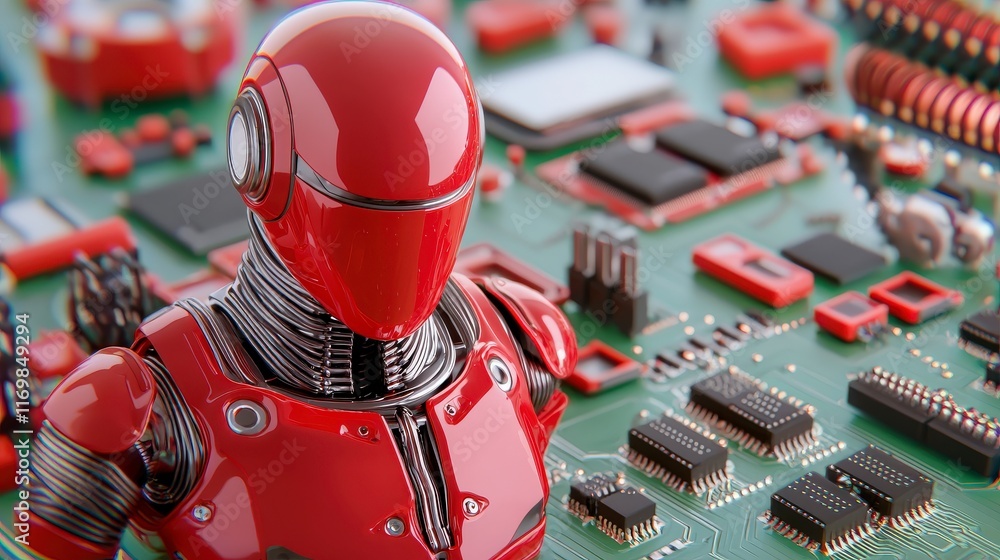 Poster futuristic red robot standing on circuit board full of microchips and electronic components