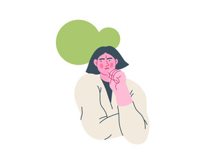 Thinking people, modern flat vector concept illustration- woman standing thoughtfully, looking sideways, bubble near head Metaphor for reflection, analysis, introspection, contemplation, deep thought