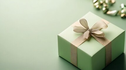 A Sage Green Gift Box With Gold Ribbon