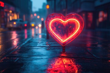 A neon heart glows on a rain-soaked city street, reflecting urban romance and longing.