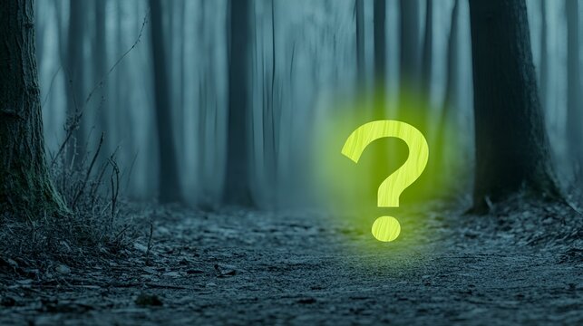 Question Mark concept. Mysterious forest scene with a glowing question mark, evoking curiosity and intrigue.
