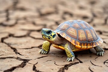Obraz premium Turtle on dry cracked earth showcasing impact of climate change highlighting conservation urgency environment protection concept