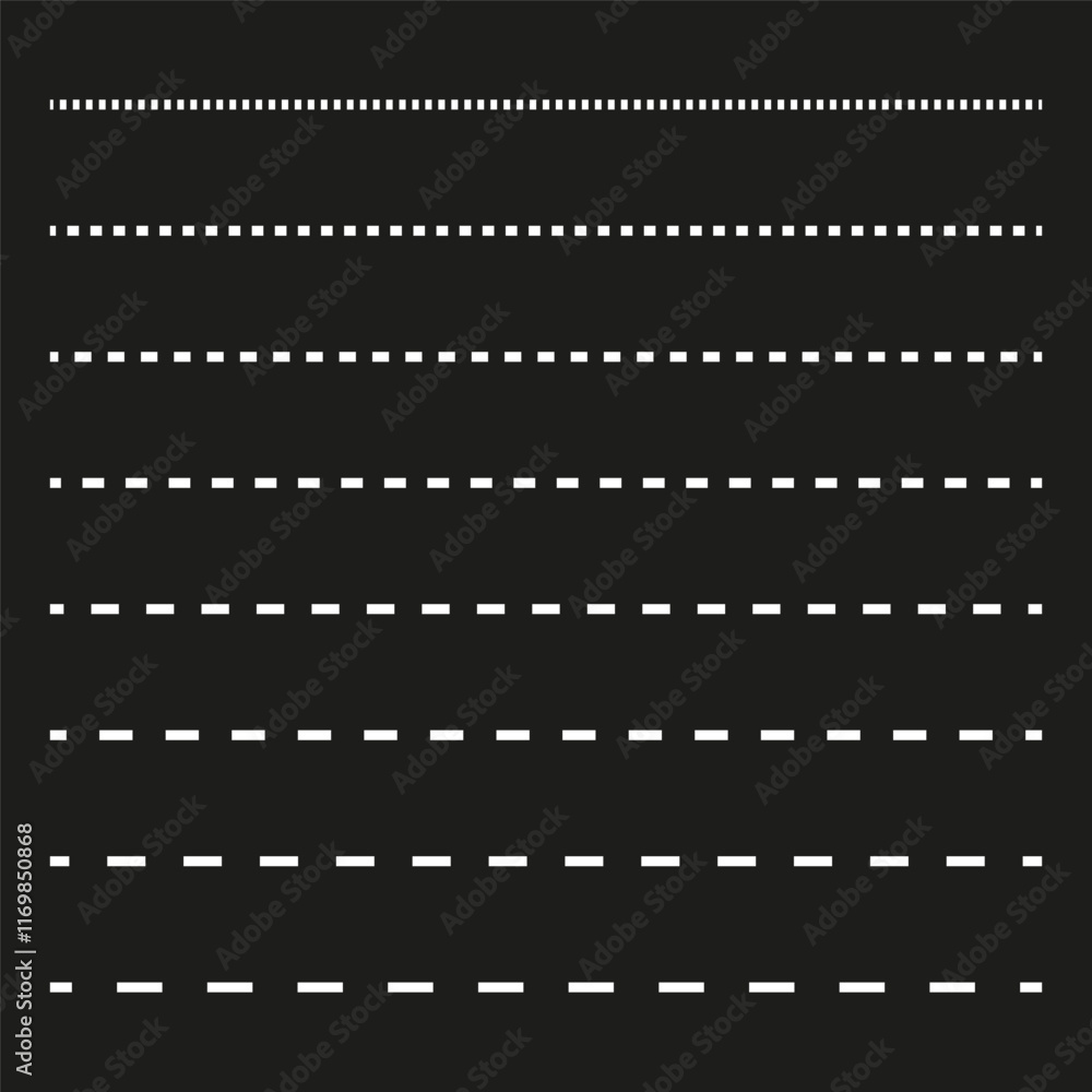 Aufkleber dotted line pattern. dashed line vector. seamless black background. graphic border set.