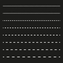 Dotted line pattern. Dashed line vector. Seamless black background. Graphic border set.