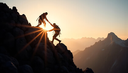 Fototapeta premium Teamwork, Hiking, Mountain Sunset Silhouette - Silhouette photogra.