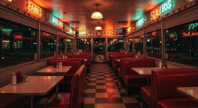 Retro neon-lit diner interior with red booths and checkered floor at night