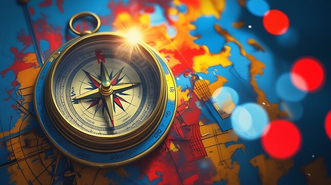 Exploring the art of navigation with a vintage compass highlighting direction and precision against a vibrant map background, symbolizing adventure, discovery, and the pursuit of new horizons in geogr