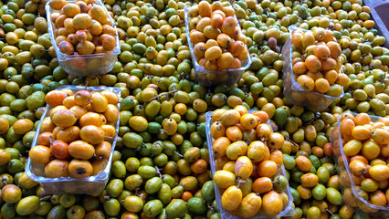 Recife, Pernambuco, Brazil. December 16, 2024. View of tamarinds, green beans, sweet potatoes and umbu-cajás at the fruit market in the São José Market, downtown Recife.
