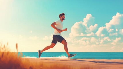 Fototapeta premium Happy runner joying on tropical sea beach
