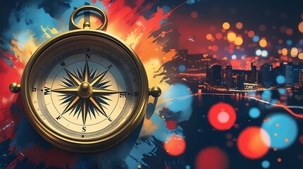 Exploring the art of navigation with a vintage compass highlighting direction and precision against a vibrant map background, symbolizing adventure, discovery, and the pursuit of new horizons in geogr