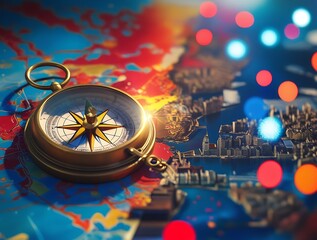 Exploring the art of navigation with a vintage compass highlighting direction and precision against a vibrant map background, symbolizing adventure, discovery, and the pursuit of new horizons in geogr