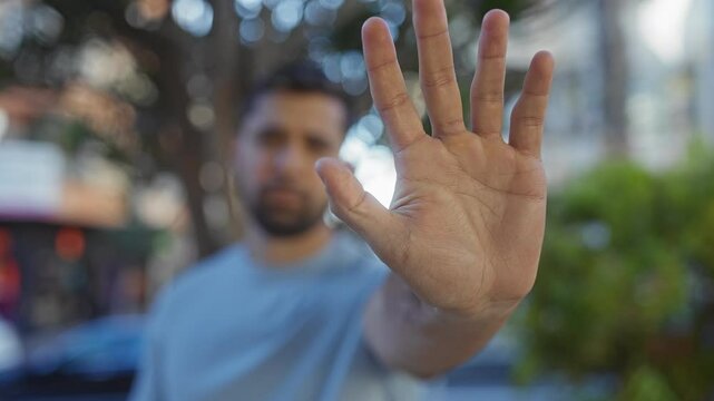 Young man makes stop gesture with hand in urban outdoor park, highlighting his attractive features and street background in an open city environment.