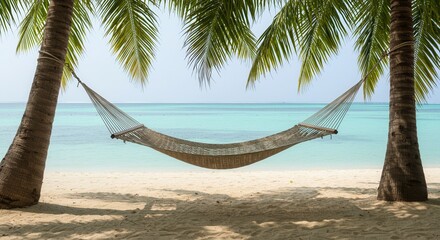 Fototapeta premium Tropical beach hammock between palm trees by the ocean