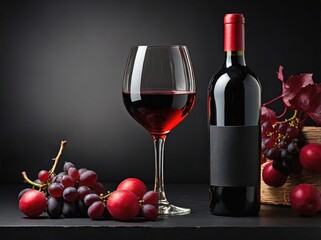 Obraz premium A sleek wine glass of red wine with its rich burgundy hue, resting on a polished black surface.