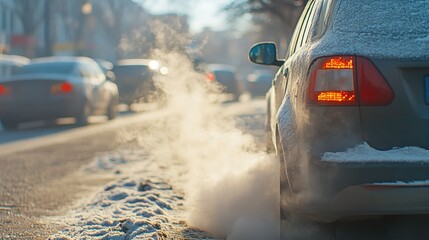 Exhaust and Steam in Winter City Intersection