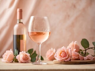 A wine glass filled with rosé wine sitting on a textured light wooden surface.