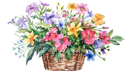 Obraz premium Watercolor bouquet of colorful spring flowers in wicker basket isolated on transparent PNG background, bouquets greeting or wedding card decoration, beautiful flowers inside buckets concept