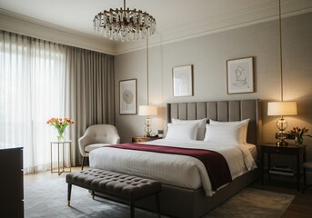 Fototapeta premium Elegant modern bedroom with luxurious decor and stylish lighting