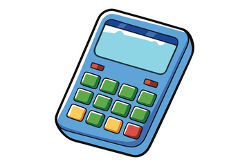 Blue cartoon calculator with colorful buttons and a digital display, creatively illustrated for educational or office related designs