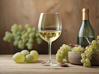 Fototapeta premium A wine glass filled with white wine sitting on a textured wooden surface with visible grain.