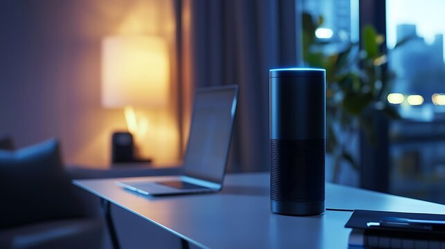 A black smart speaker sits on a desk next to a laptop